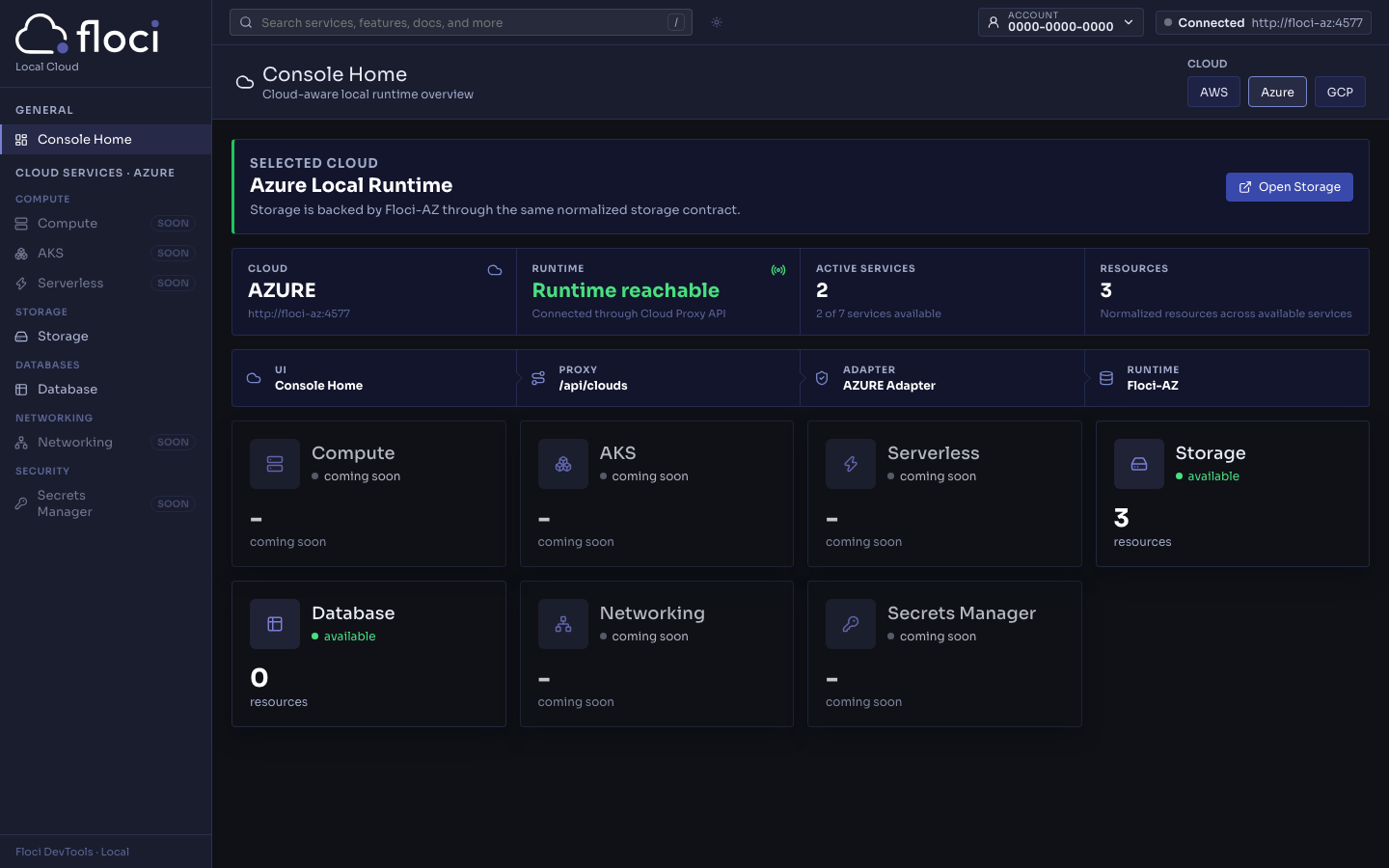 Azure console home, showing services grouped by category with per-cloud naming and coming-soon reasons